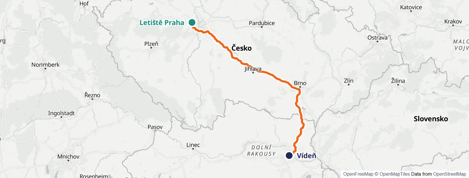 Mapa trasy: Letiště Praha – Vídeň