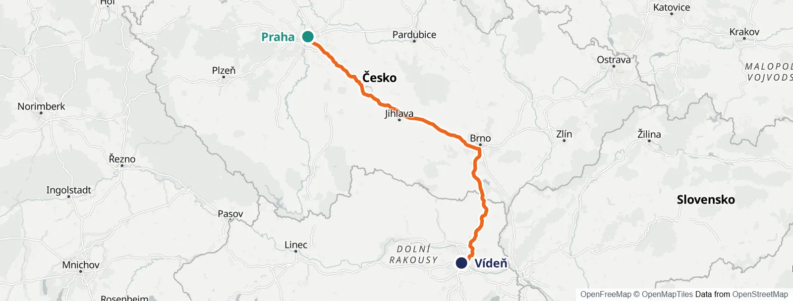 Mapa trasy: Praha – Vídeň
