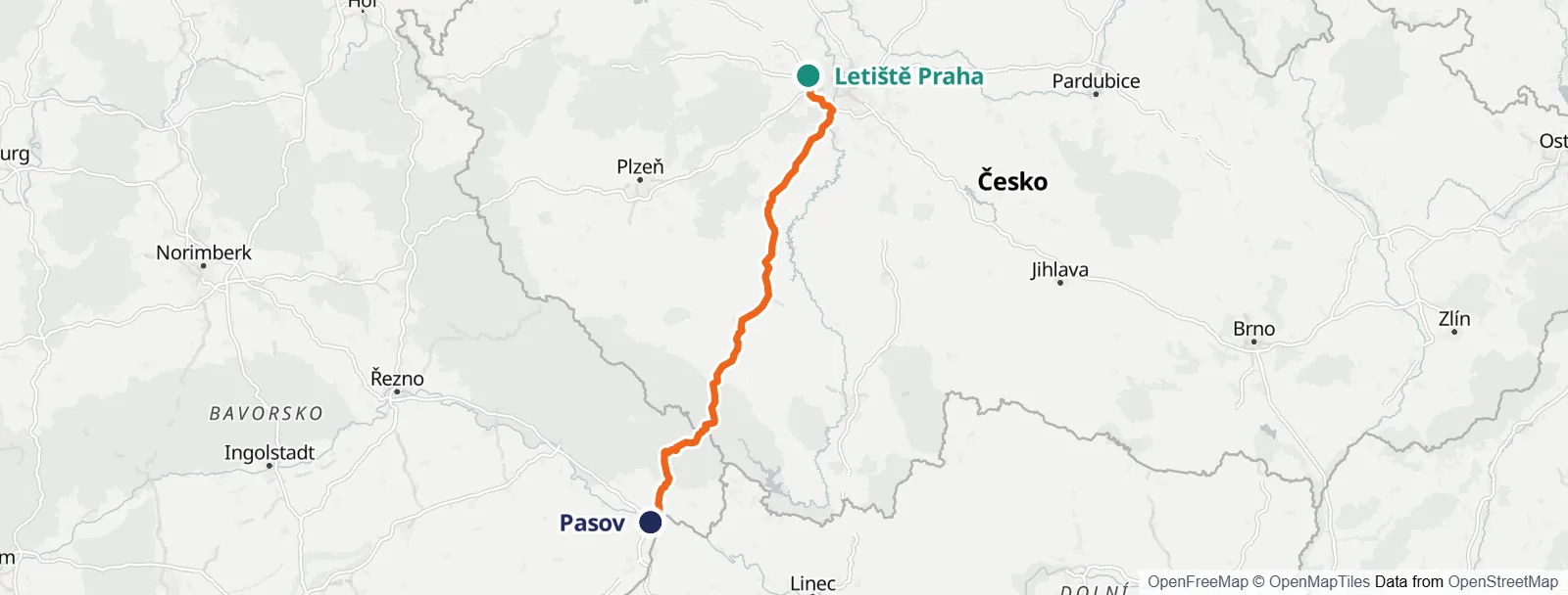 Mapa trasy: Letiště Praha – Pasov