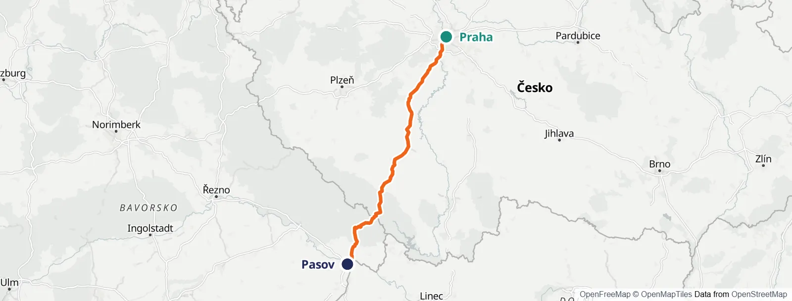 Mapa trasy: Praha – Pasov