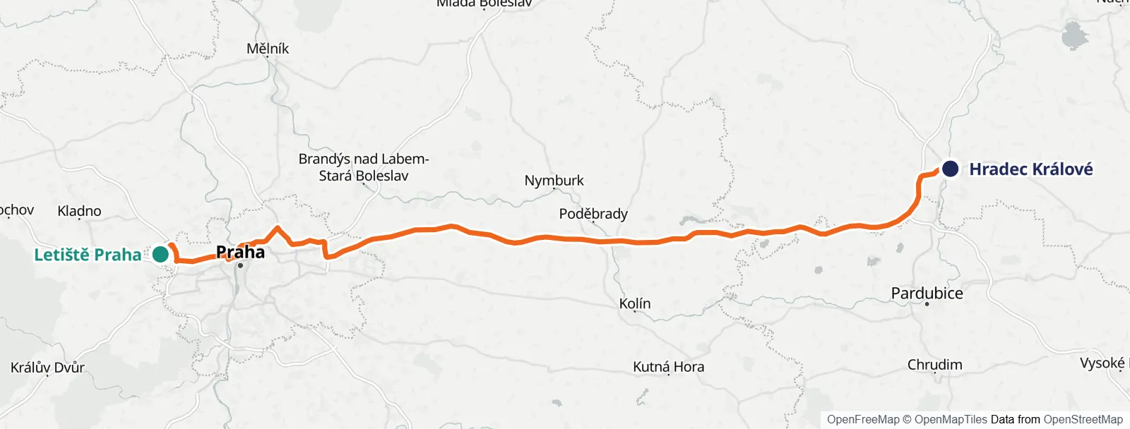 Mapa trasy: Letiště Praha – Hradec Králové