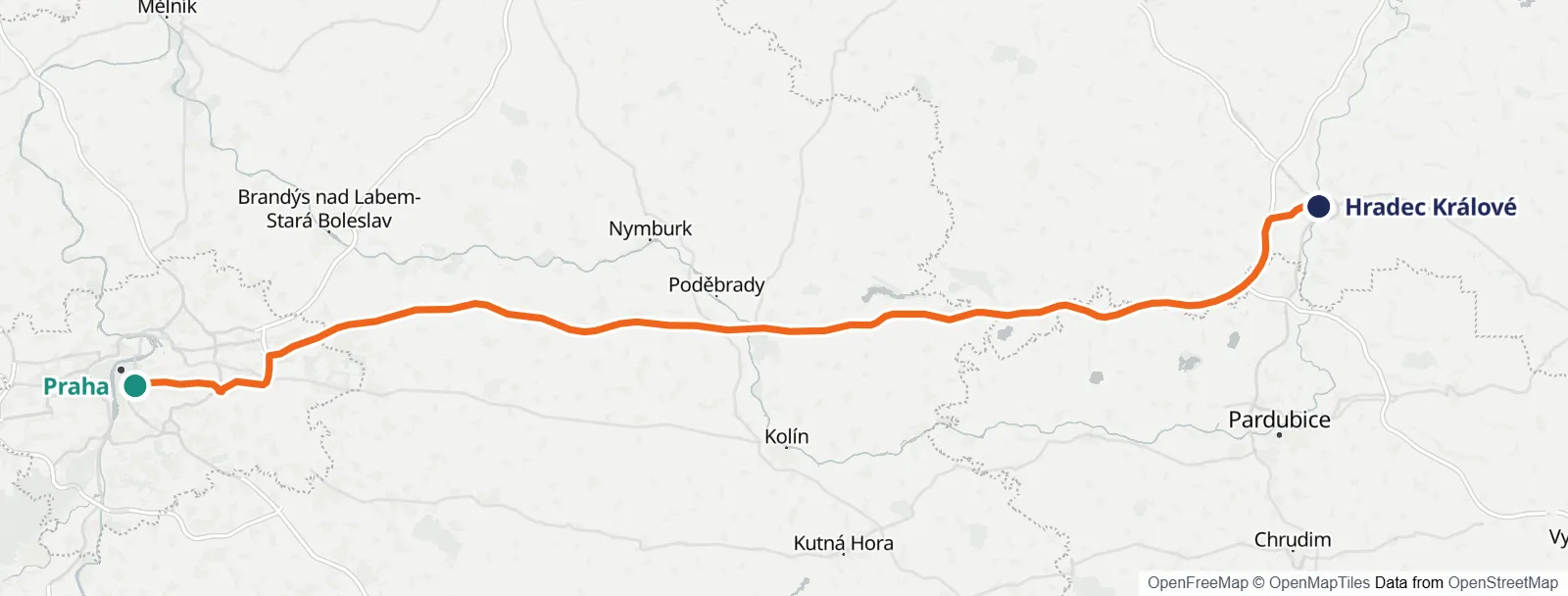 Mapa trasy: Praha – Hradec Králové