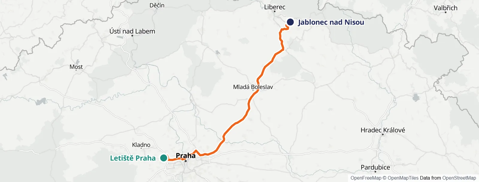 Mapa trasy: Letiště Praha – Jablonec nad Nisou