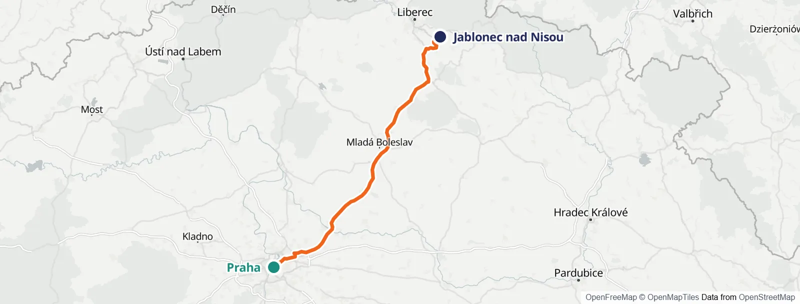 Mapa trasy: Praha – Jablonec nad Nisou