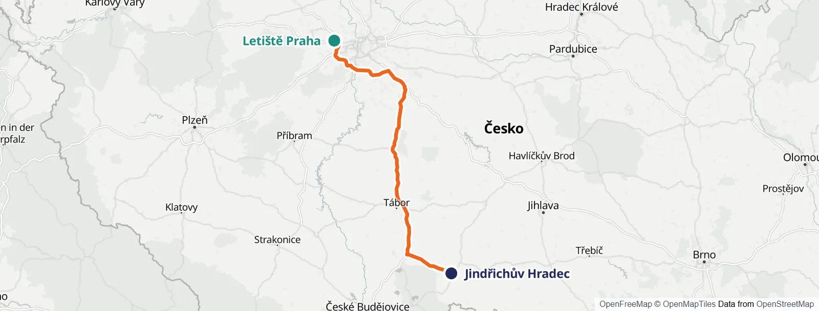 Mapa trasy: Letiště Praha – Jindřichův Hradec