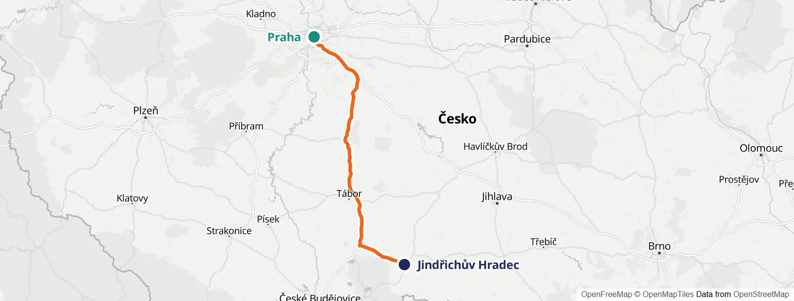 Mapa trasy: Praha – Jindřichův Hradec