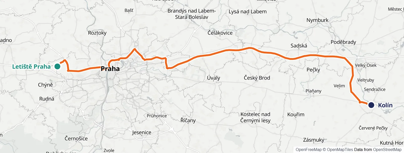 Mapa trasy: Letiště Praha – Kolín