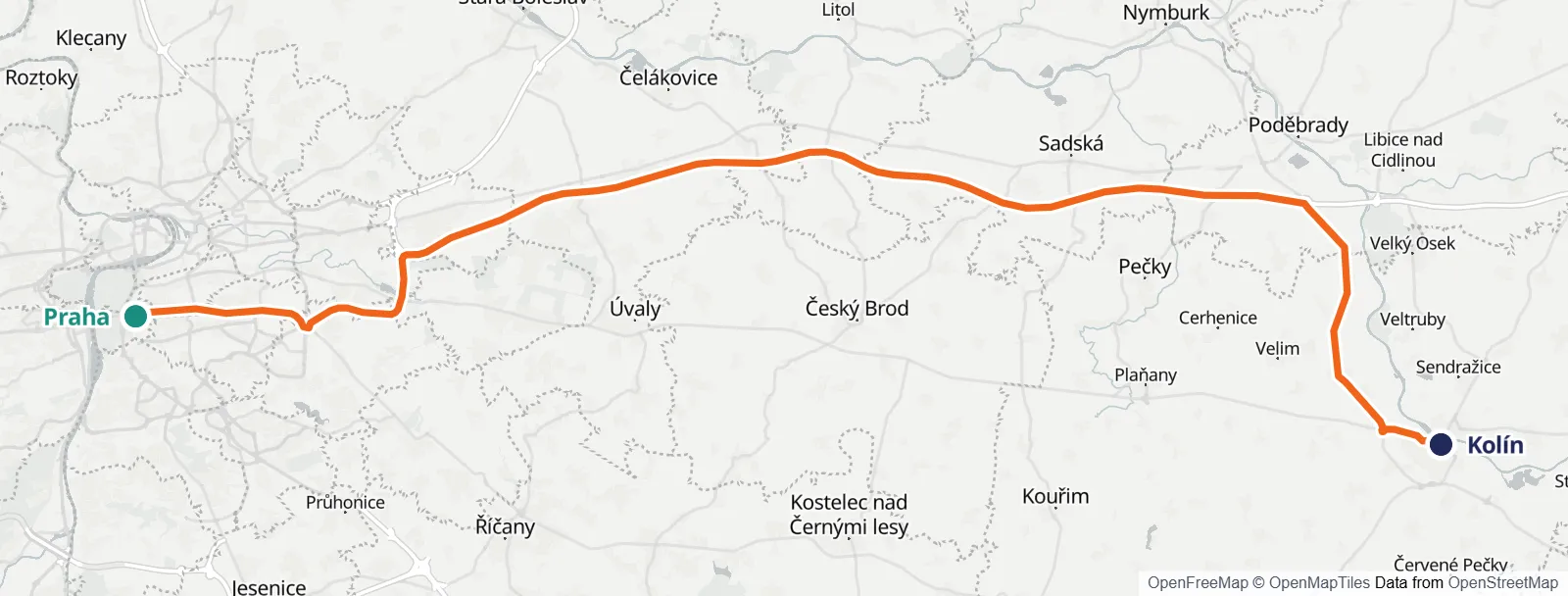 Mapa trasy: Praha – Kolín