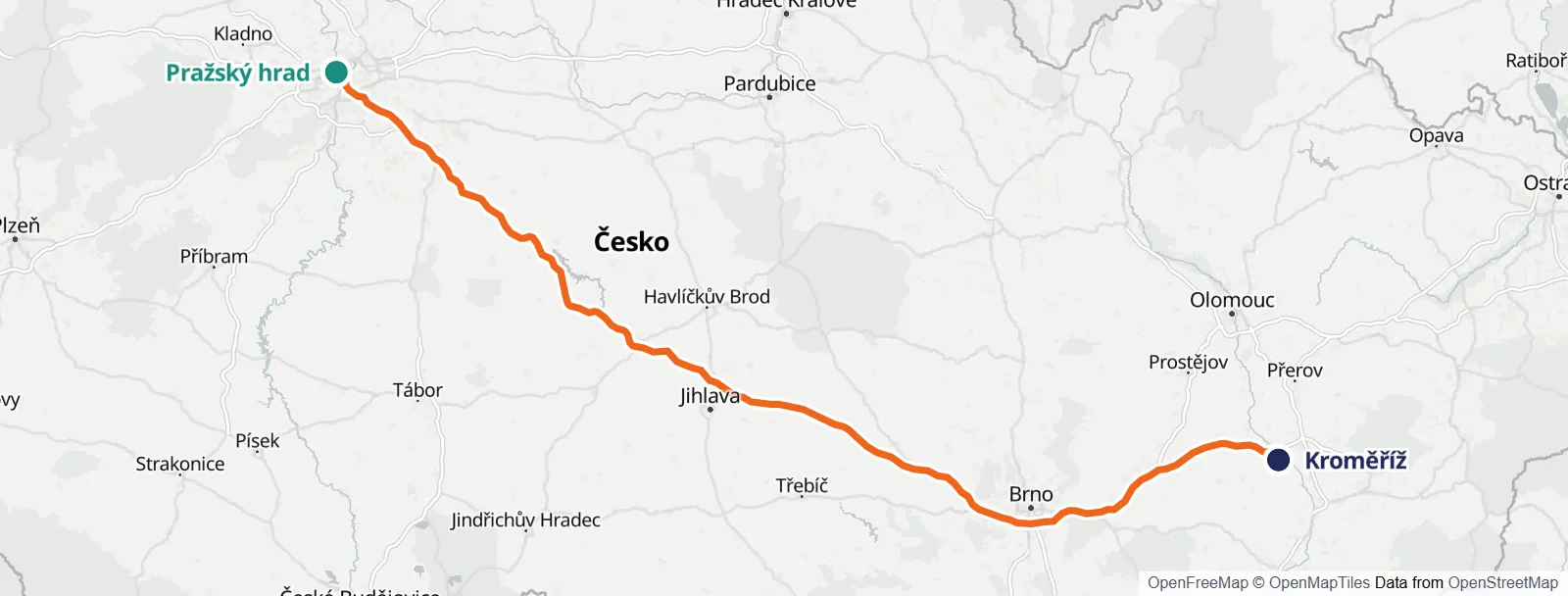 Mapa trasy: Pražský hrad – Kroměříž