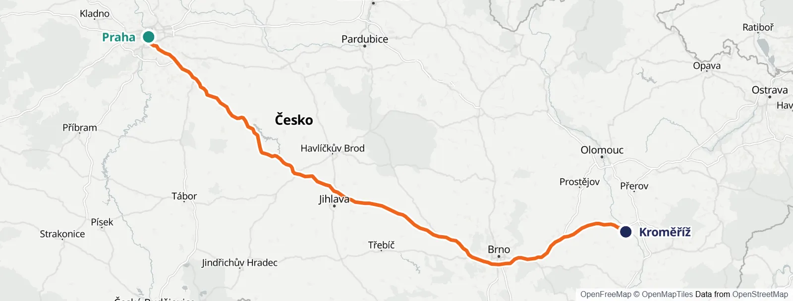 Mapa trasy: Praha – Kroměříž