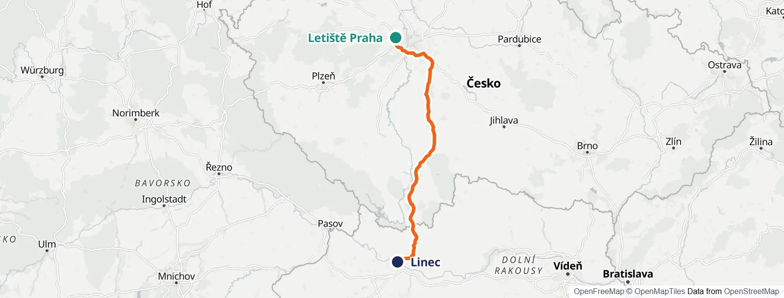 Mapa trasy: Letiště Praha – Linec