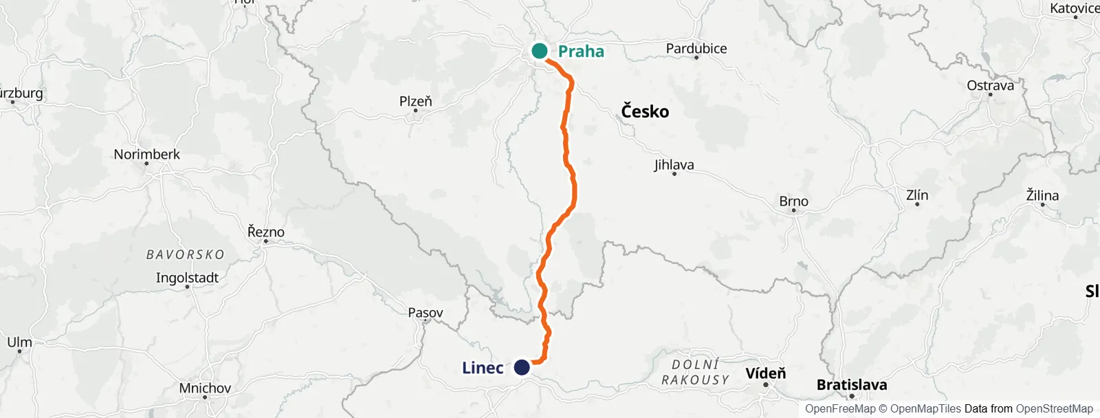 Mapa trasy: Praha – Linec