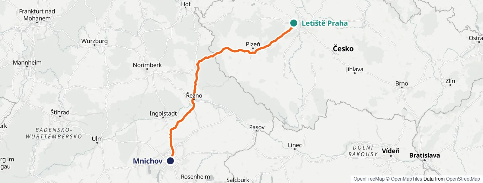 Mapa trasy: Letiště Praha – Mnichov