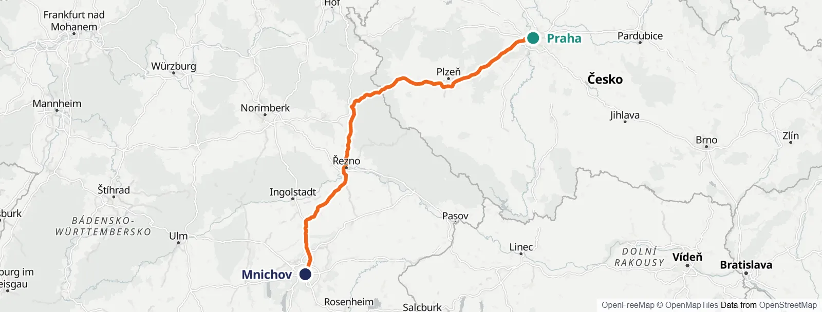 Mapa trasy: Praha – Mnichov