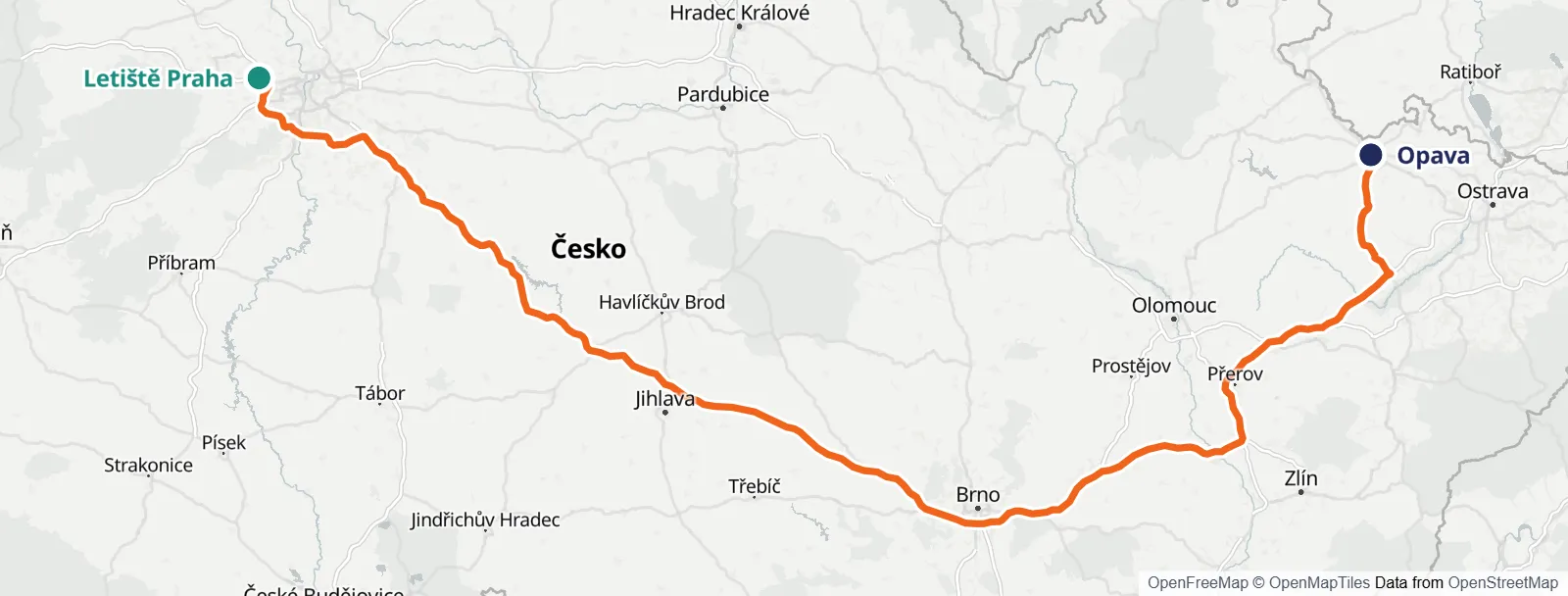 Mapa trasy: Letiště Praha – Opava
