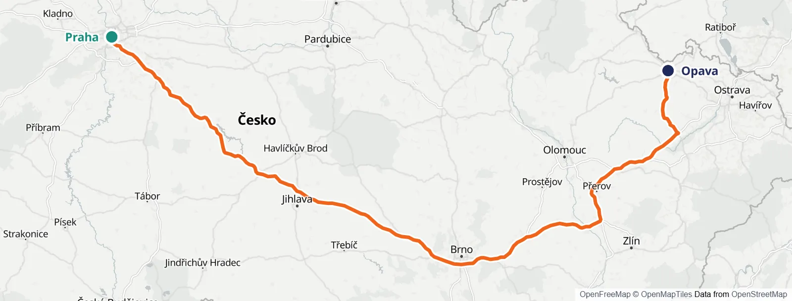 Mapa trasy: Praha – Opava