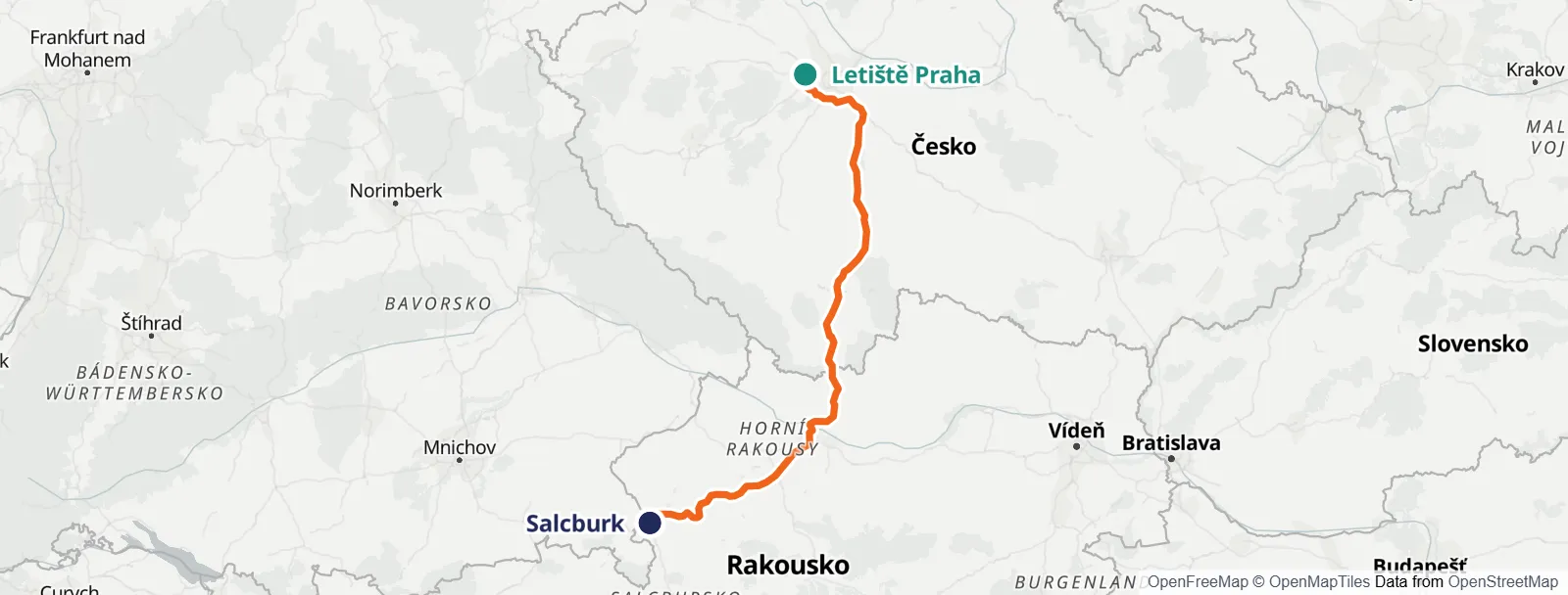 Mapa trasy: Letiště Praha – Salcburk