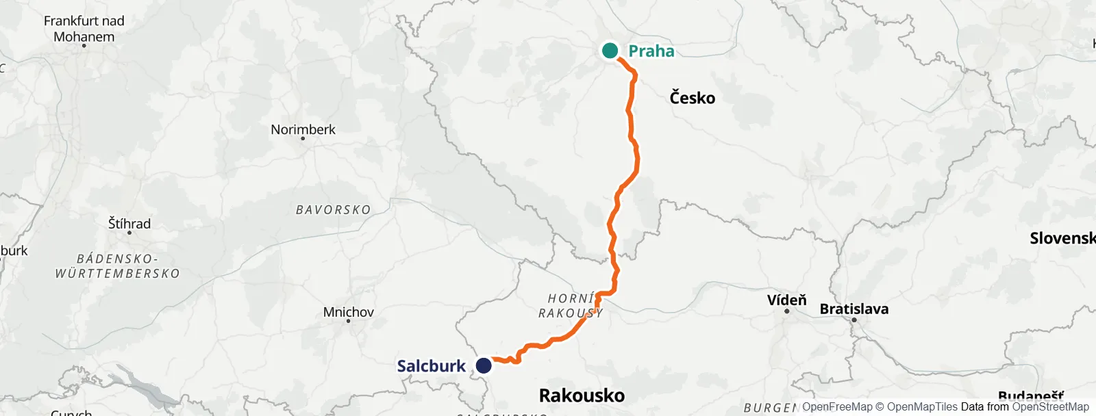 Mapa trasy: Praha – Salcburk