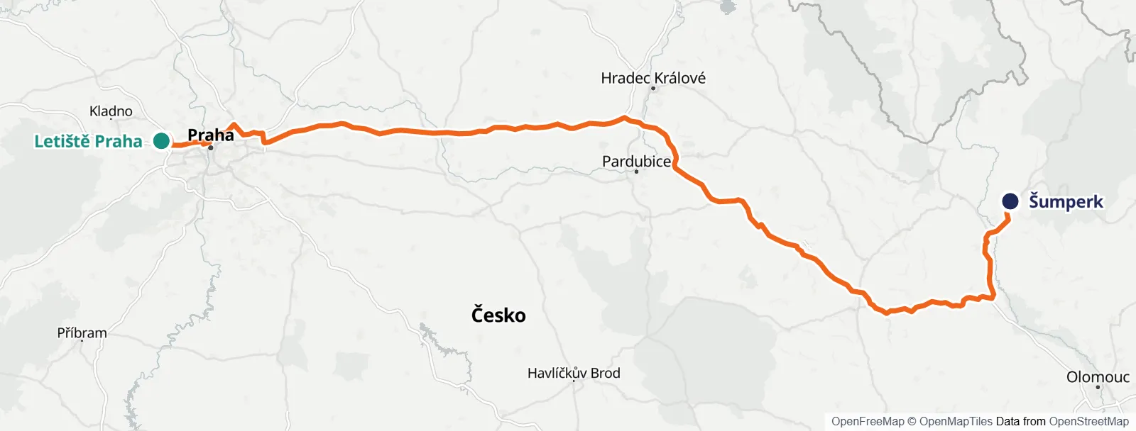 Mapa trasy: Letiště Praha – Šumperk