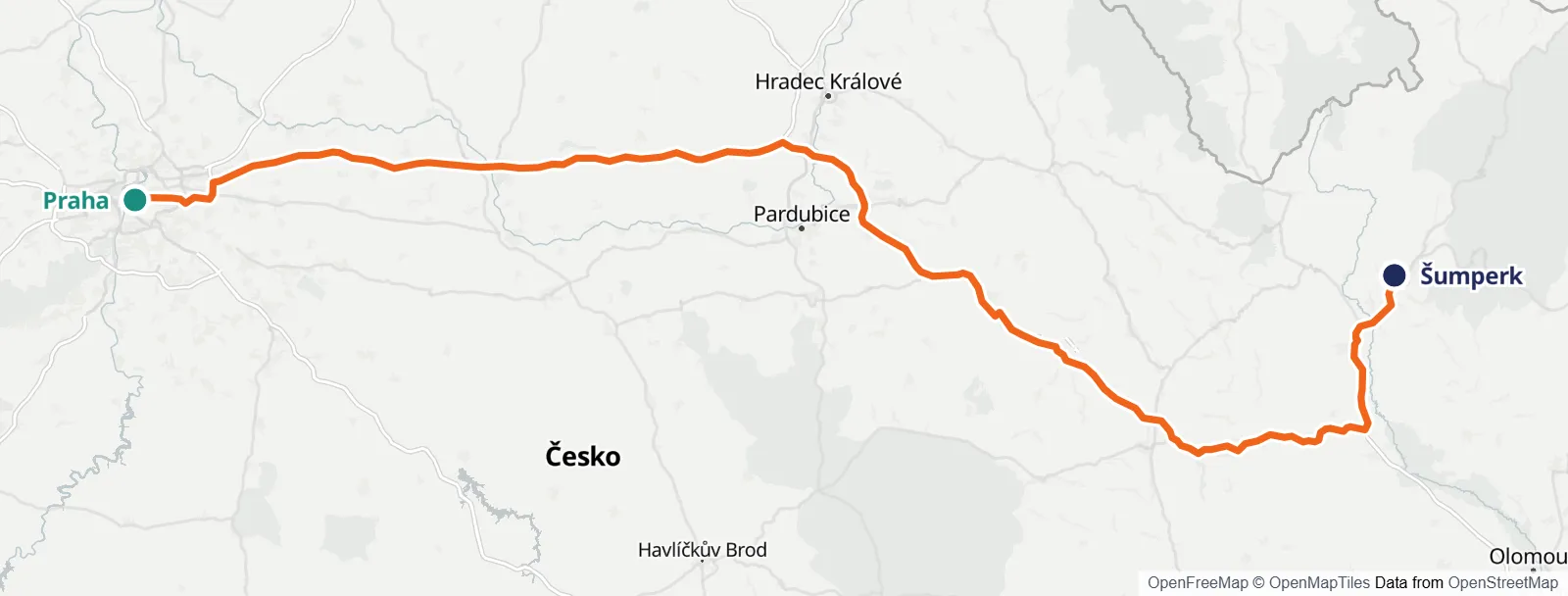 Mapa trasy: Praha – Šumperk