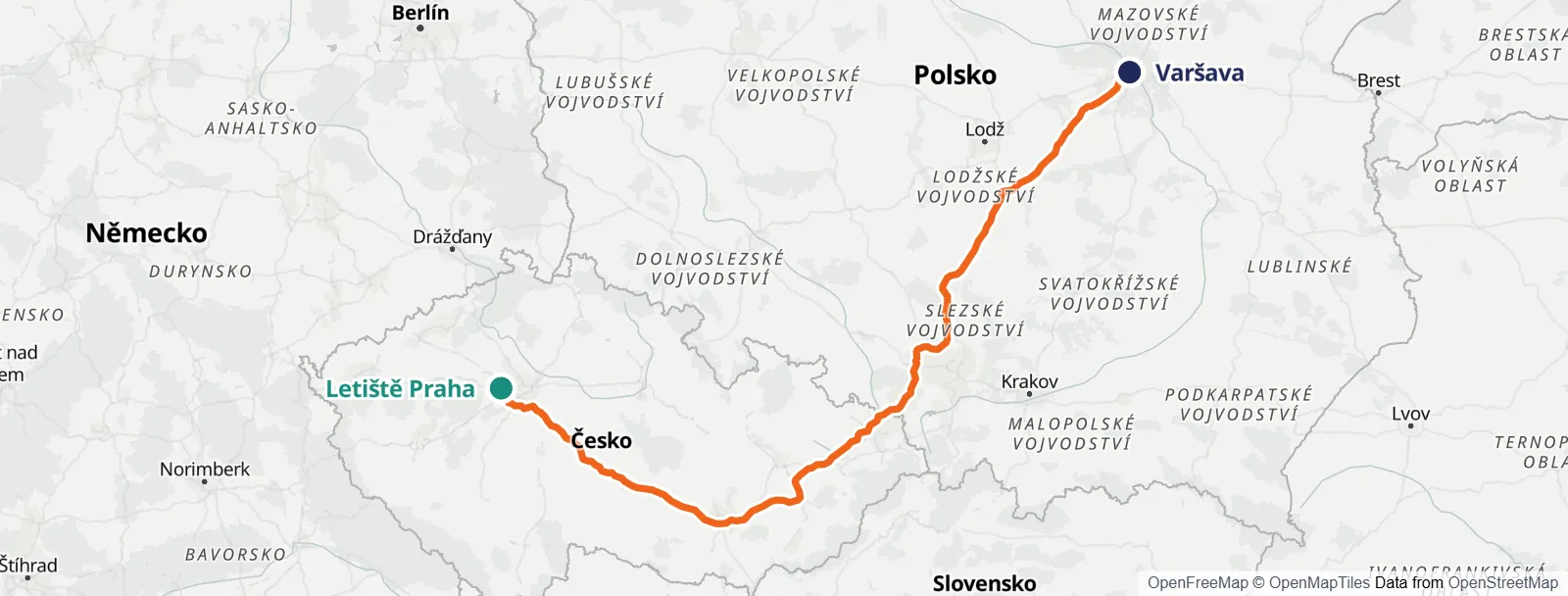 Mapa trasy: Letiště Praha – Varšava
