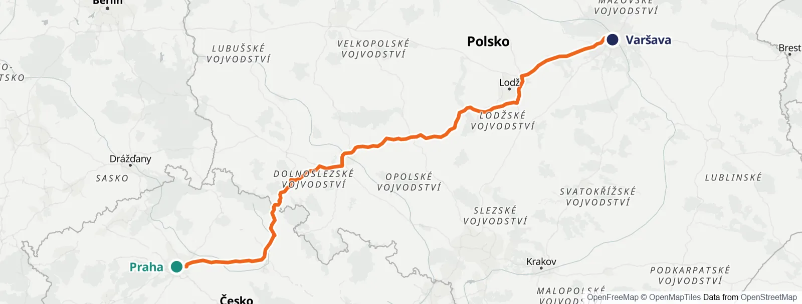 Mapa trasy: Praha – Varšava