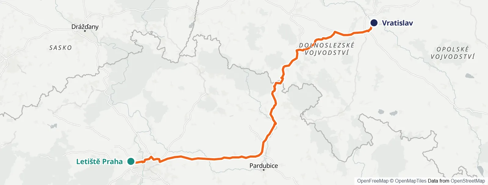 Mapa trasy: Letiště Praha – Vratislav