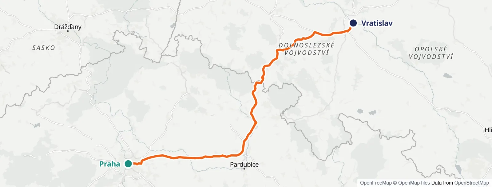 Mapa trasy: Praha – Vratislav